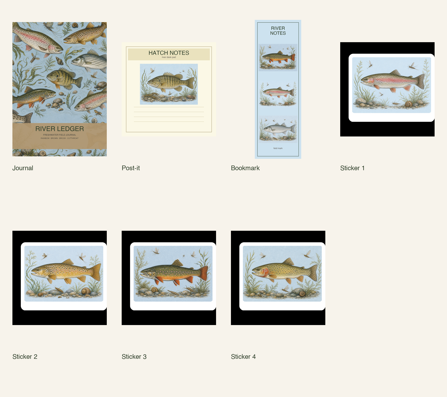 River Notes add-on concept sheet with notepad, bookmark, and sticker layouts