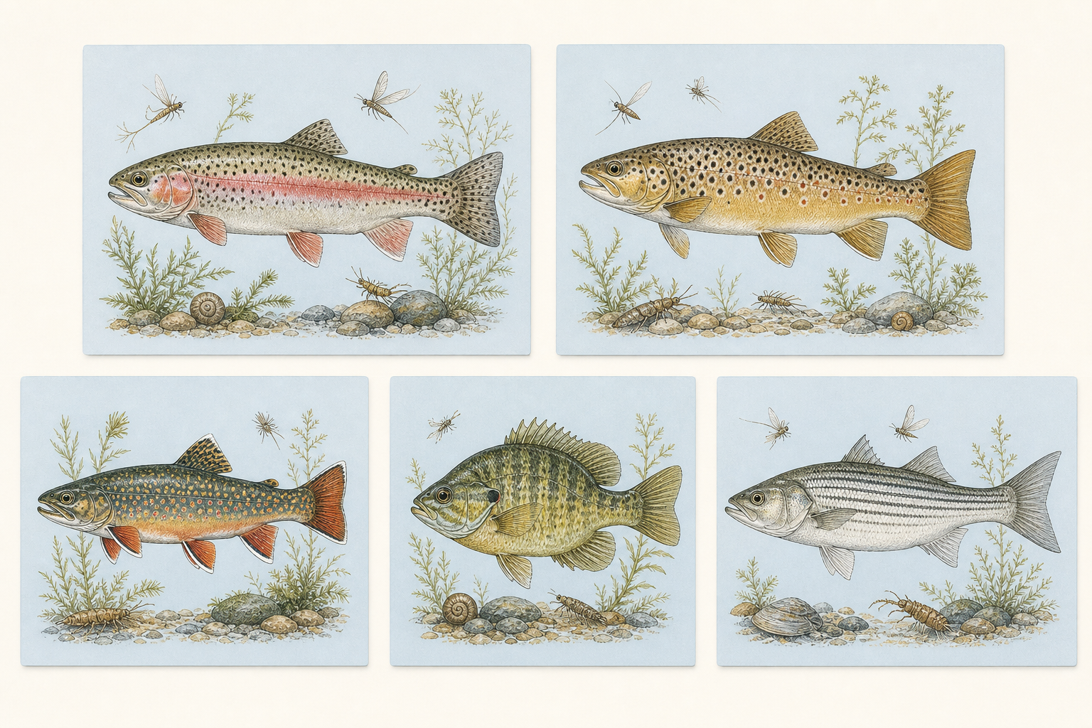 River Notes species card board with trout and bass illustrations